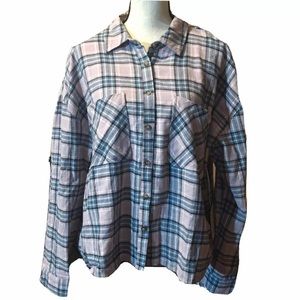 Timing Pink Plaid Button Down Shirt Shacket Semi-Crop Western Rodeo Plus Size 2X